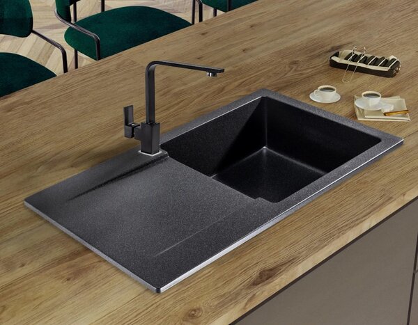 Sink Quality Ferrum, kuchyňský granitový dřez 770x450x190 mm + sifon, černá skvrnitá-BROCADE, SKQ-FER.B.1KDO.X