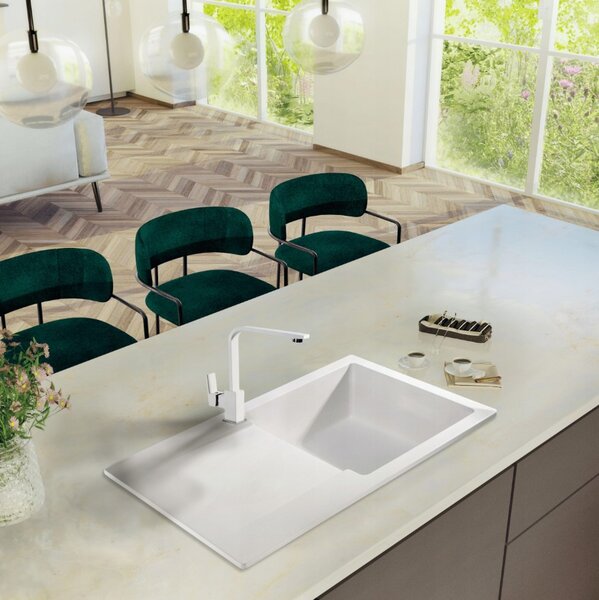 Sink Quality Ferrum, kuchyňský granitový dřez 770x450x190 mm + černý sifon, bílá, SKQ-FER.W.1KDO.XB