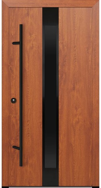 Vchodové dveře s ocelovým opláštěním FM Turen model DS25 blackline Orientace dveří: Levé, otevírání dovnitř, Dekor: Zlatý dub, Standardní rozměr dveří včetně rámu: 98 cm x 208 cm - vnější rozměr rámu