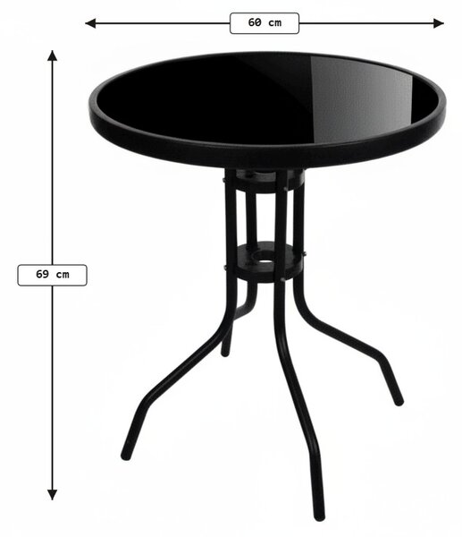 Kulatý zahradní stůl se skleněnou deskou ISLAND BLACK 60 cm, černý