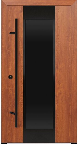 Vchodové dveře s ocelovým opláštěním FM Turen model DS28 blackline Orientace dveří: Levé, otevírání dovnitř, Dekor: Zlatý dub, Standardní rozměr dveří včetně rámu: 98 cm x 208 cm - vnější rozměr rámu