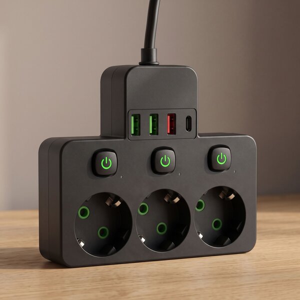 Toolight Toolight, JNH018, zásuvkový rozbočovač 3 zásuvky + 3× USB-A + USB-C s LED světlem, černá, OSW-56307