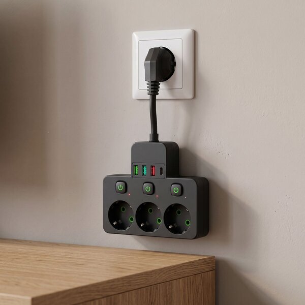 Toolight Toolight, JNH018, zásuvkový rozbočovač 3 zásuvky + 3× USB-A + USB-C s LED světlem, černá, OSW-56307