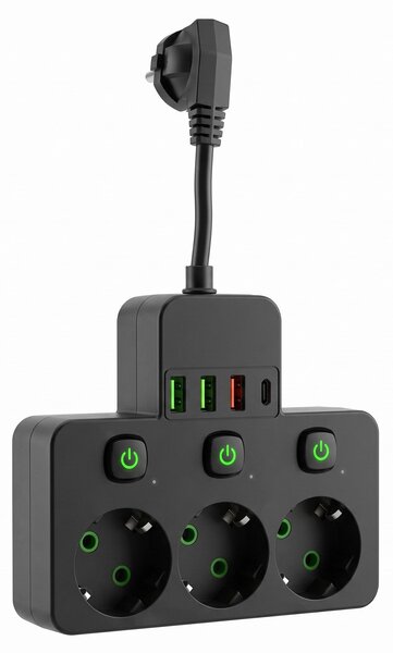 Toolight Toolight, JNH018, zásuvkový rozbočovač 3 zásuvky + 3× USB-A + USB-C s LED světlem, černá, OSW-56307