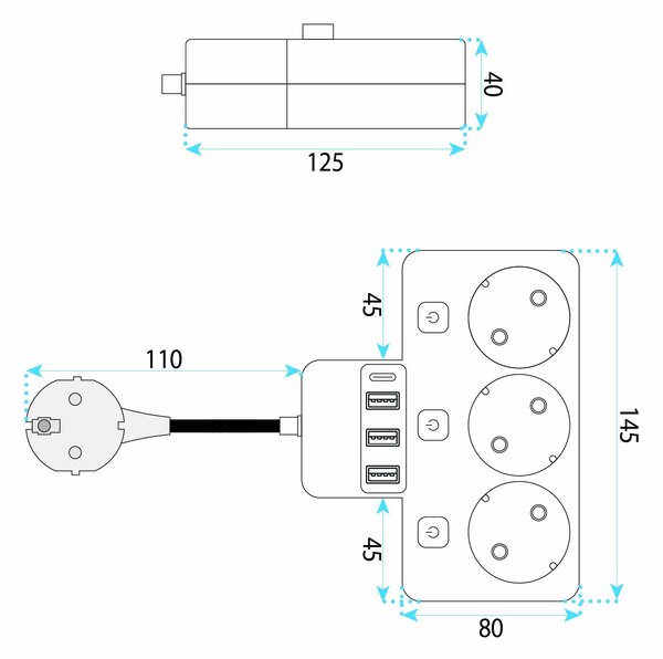 Toolight Toolight, JNH018, zásuvkový rozbočovač 3 zásuvky + 3× USB-A + USB-C s LED světlem, černá, OSW-56307