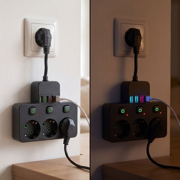 Toolight Toolight, JNH018, zásuvkový rozbočovač 3 zásuvky + 3× USB-A + USB-C s LED světlem, černá, OSW-56307