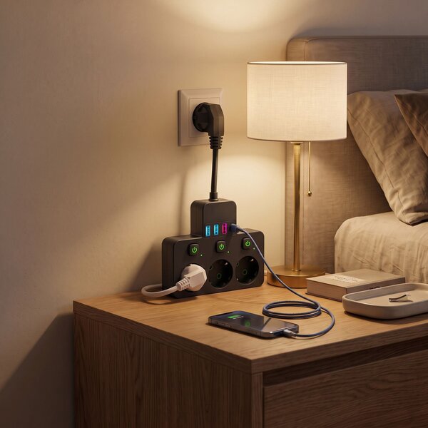 Toolight Toolight, JNH018, zásuvkový rozbočovač 3 zásuvky + 3× USB-A + USB-C s LED světlem, černá, OSW-56307