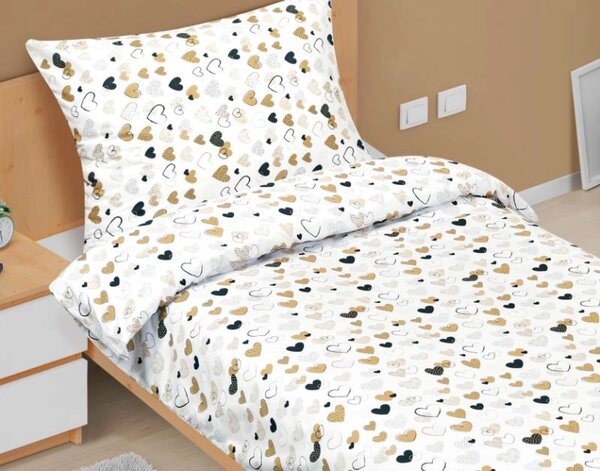 Bellatex Povlečení bavlněné 140x200, 70x90 cm Srdce hořčicová, černá