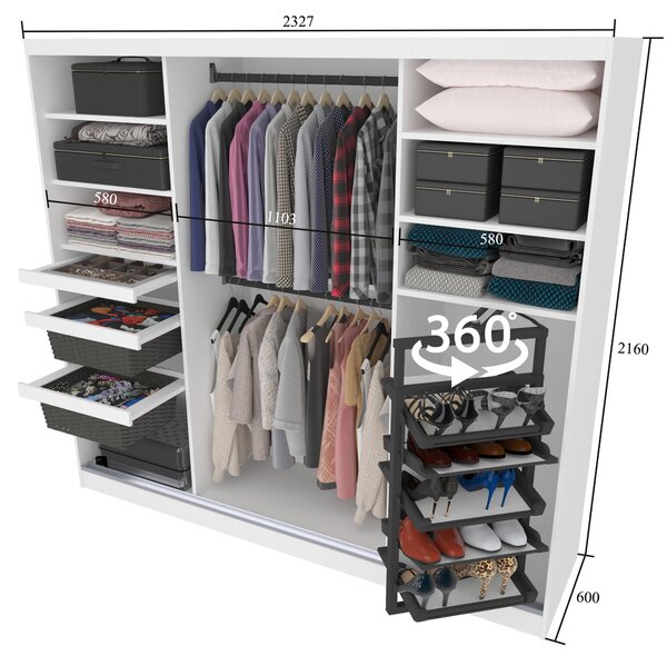 Šatní skříň SERENITY 232 cm Belini bílý mat / bílý lesk s posuvnými dveřmi a zrcadlem MGB
