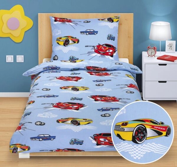 Bellatex Povlečení bavlněné 140x200, 70x90 cm Závodní auto světlá modrá