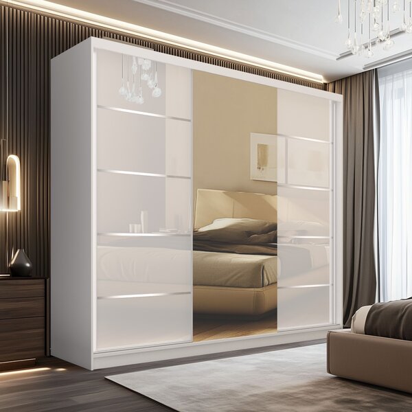 Šatní skříň SERENITY 232 cm Belini bílý mat / bílý lesk s posuvnými dveřmi a zrcadlem MGB