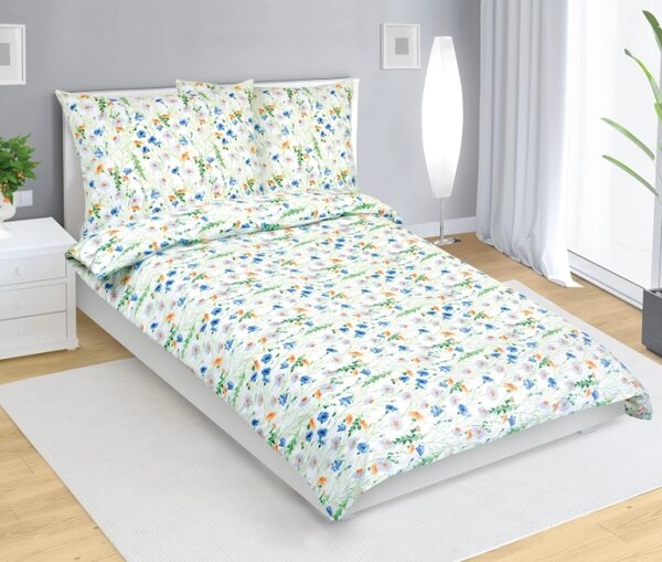 Bellatex Povlečení bavlněné 140x200, 70x90 cm Kvítí luční modrá, žlutá, bílá