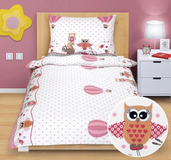 Bellatex Povlečení bavlněné 140x200, 70x90 cm Sovička růžová