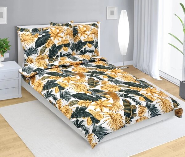 Bellatex Povlečení bavlněné 140x200, 70x90 cm Listy palmové zlatá, šedá, bílá