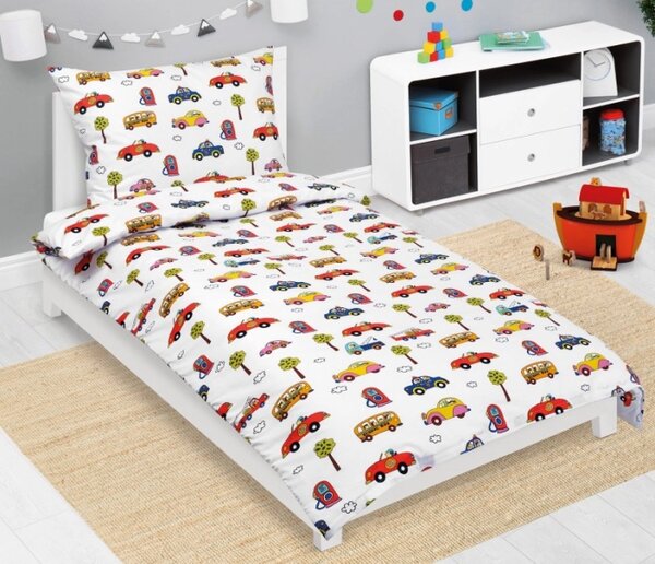 Bellatex Povlečení bavlněné 140x200, 70x90 cm Auta bílá, červená, modrá