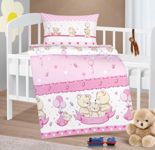 Bellatex Dětské povlečení bavlna Agáta 90x135, 45x60 cm Medvědí rodinka růžová