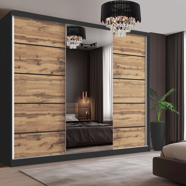 Šatní skříň SERENITY 232 cm Belini černý mat /dub wotan s posuvnými dveřmi a zrcadlem MBP