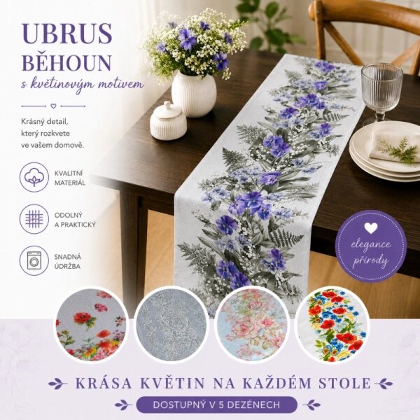 Bellatex Ubrus BĚHOUN Maceška fialová, šedá, rozměr 50x120 cm
