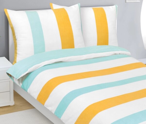 Bellatex Povlečení MIKROFLANEL 140x200, 70x90 cm Pruh Bílá,Tyrkysová,Žlutá