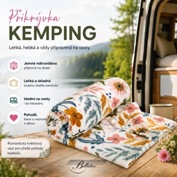 Bellatex Přikrývka Kemping PLUS 150x200 cm Louka Růžová,Zelená,Bílá