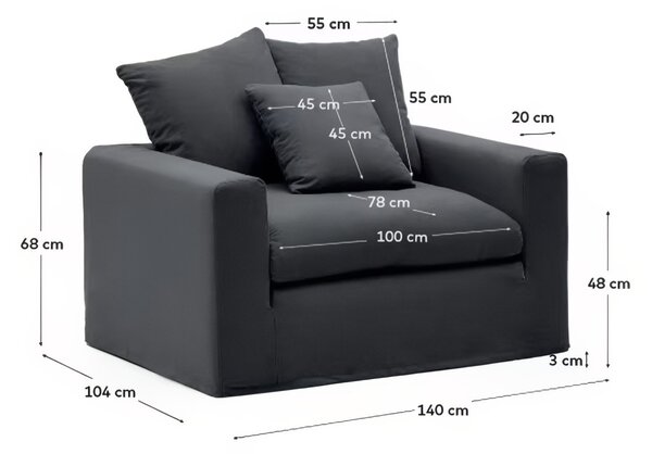 Antracitově šedé čalouněné křeslo Kave Home Nora 140 cm