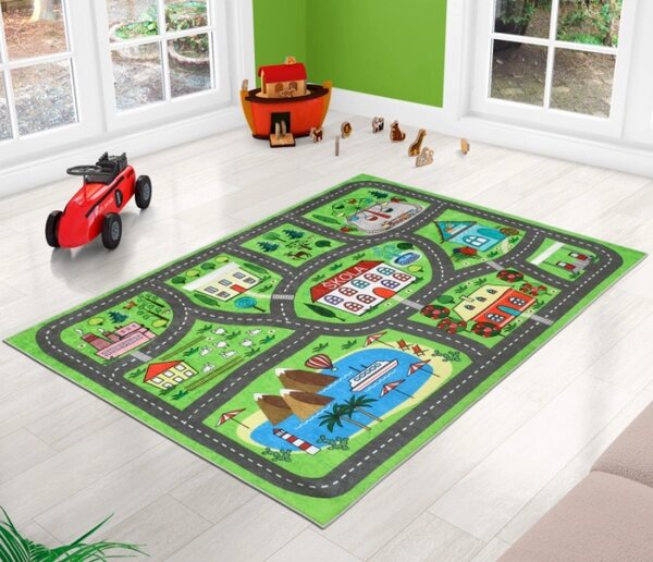 Bellatex Kobereček dětský šířka 100 cm, délka 150 cm Autíčková dráha Zelená, Šedá