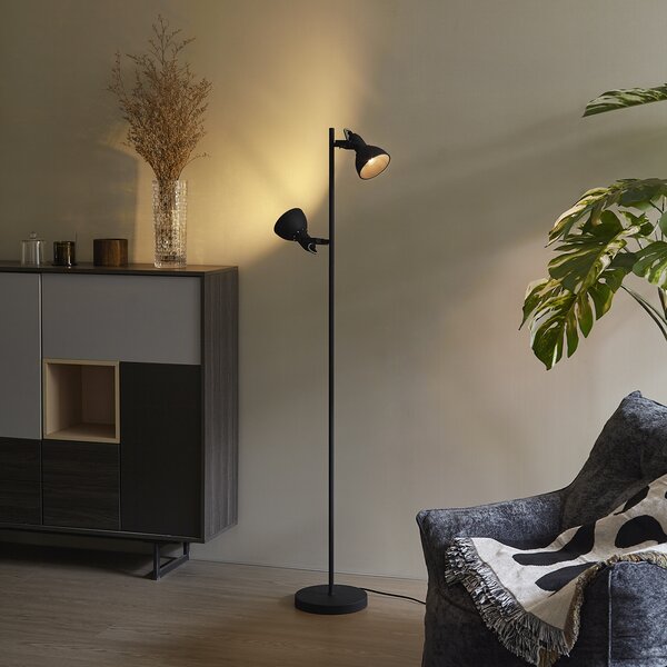 Průmyslová stojací lampa černá s dřevem 2-světla - Jakub