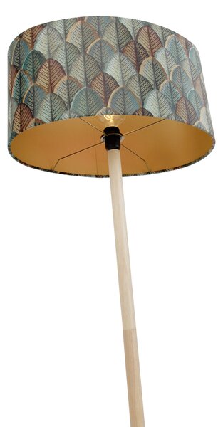 Dřevěná stojací lampa s oválným sametovým stínidlem s motivem listů 50 cm - Mels