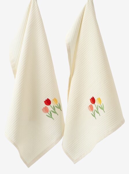 Goldea kuchyňská vaflová utěrka s výšivkou - tulipány na krémovém 50 x 70 cm