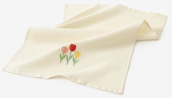 Goldea kuchyňská vaflová utěrka s výšivkou - tulipány na krémovém 50 x 70 cm