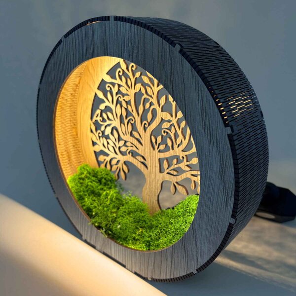Dřevěné světlo na noční stolek Strom života s mechem | ZOI: HDF - Ořech 20 cm 4788-115195 LED0611