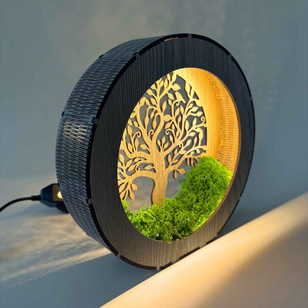 Dřevěné světlo na noční stolek Strom života s mechem | ZOI: HDF - Ořech 20 cm 4788-115195 LED0611