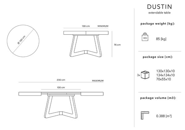 Micadoni Dubový rozkládací jídelní stůl Dustin 130/230 x 130 cm