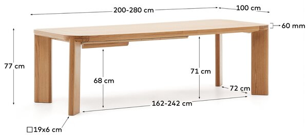 Kave Home Dubový rozkládací jídelní stůl Jondal 200/280 x 100 cm