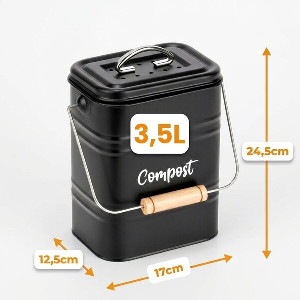 VILDE Kuchyňský kompostér s uhlíkovým filtrem, na bio odpad, kovový, černý, 3,5 l
