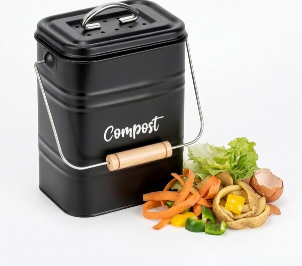 VILDE Kuchyňský kompostér s uhlíkovým filtrem, na bio odpad, kovový, černý, 3,5 l