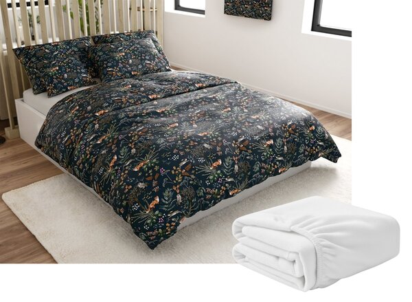 Sada mikroplyšového povlečení LIŠKA A ZAJÍC tmavě zelené + prostěradlo mikroplyš SOFT 90x200 cm bílé, jednolůžko