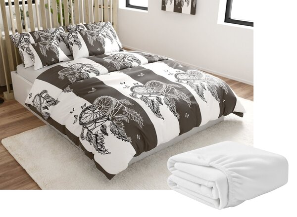Sada mikroplyšového povlečení TIRSO šedo-bílé + prostěradlo mikroplyš SOFT 90x200 cm bílé, jednolůžko