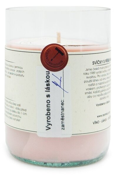 Sójová svíčka Aromka Rosé, ve vinné lahvi, vůně zahradního ovoce, hoření 50 hodin