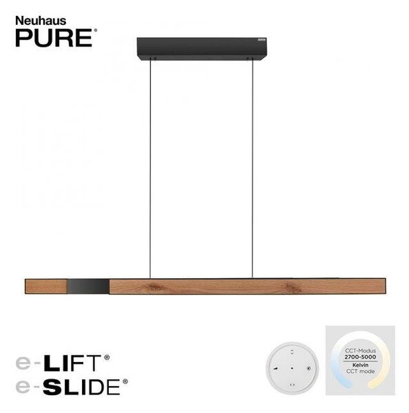 Paul Neuhaus LED závěsné svítidlo PURE-MOTO-RISE elektricky nastavitelná výška + šířka / dotykové 2700-5000K dub/černá perleť, d.200cm