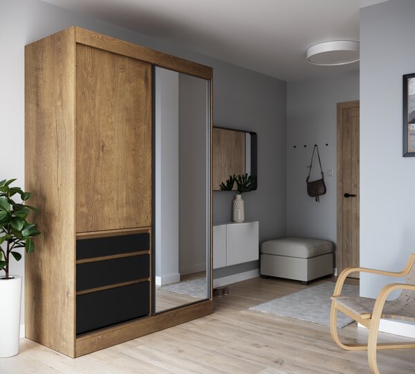 Skříň se zrcadlem a šuplíky 140 cm HARA - dub lefkas / černá