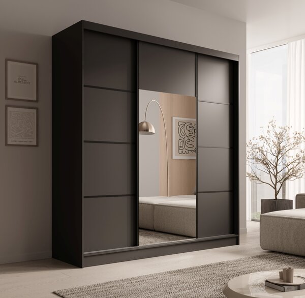 Šatní skříň se zrcadlem 200 cm LESRIS - černá