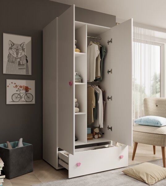 Skříň do dětského pokoje 80 cm NORINA - bílá / růžová