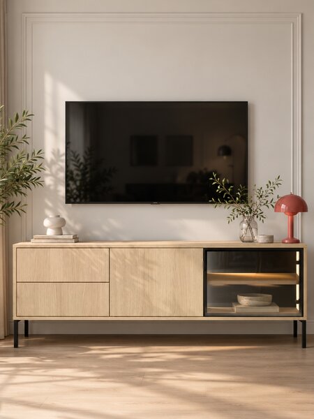 TV stolek Harmona 160 cm se zásuvkami a osvětlením - dub lindberg
