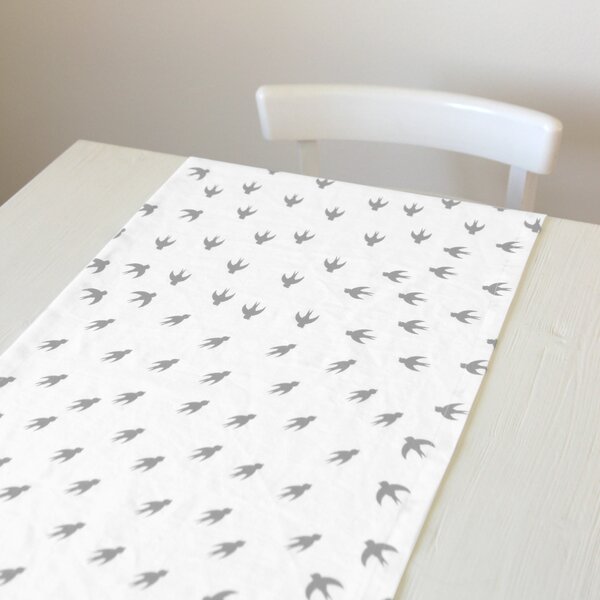 TULULUM Prostírání / běhoun lněný, s šedým autorským potiskem BIRDS,45 x 140 cm