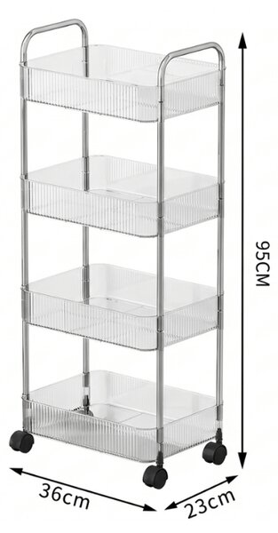 Regál na kolečkách 4 police CLARY 95x36 cm, transparentní/stříbrný