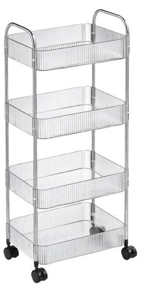 Regál na kolečkách 4 police CLARY 95x36 cm, transparentní/stříbrný