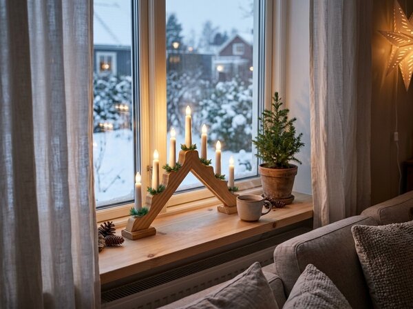 Vánoční svícen do okna HOLLY NIGHT dřevěný 7 LED, bílý