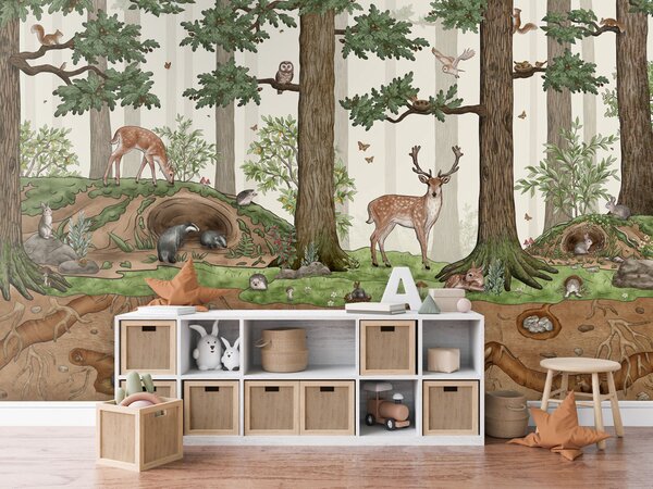 FUGU Tapeta pro děti s lesními zvířátky a jejich norami - Animals in Forest Materiál: Digitální eko vlies - klasická tapeta nesamolepicí
