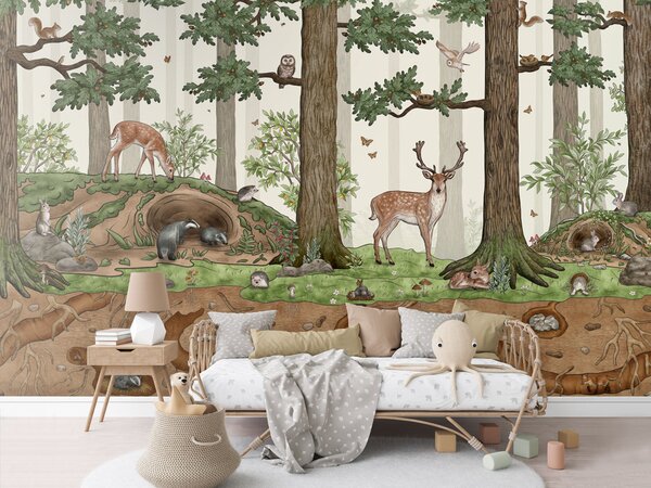 FUGU Tapeta pro děti s lesními zvířátky a jejich norami - Animals in Forest Materiál: Digitální eko vlies - klasická tapeta nesamolepicí